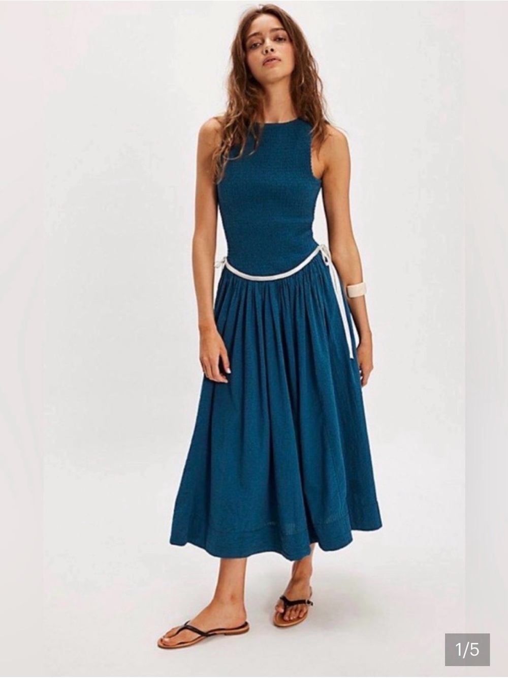 Free People Nightingale Seersucker Dark Teal Sleeveless Midi Dress Sz Large BNWT